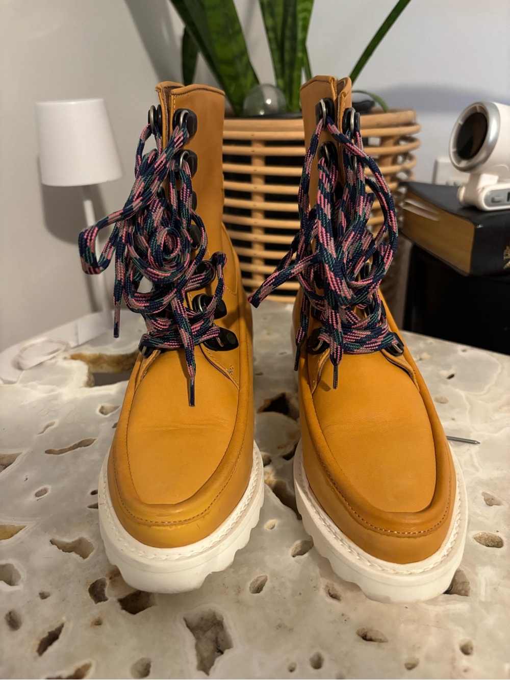 Free People Women’s Chunky Lug Sole Leather Ankle Boots in Cognac